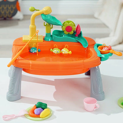 Toddler playing with innovative 2-in-1 play sink and fishing game, indoor educational toy