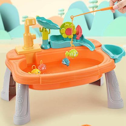Close-up of kids' play sink with running water and fishing game activity, fun water toy