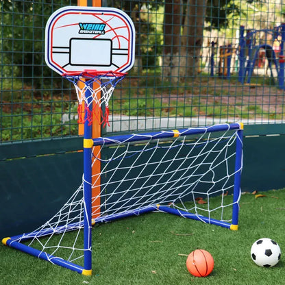 Kids 2-in-1 soccer goal & basketball hoop, portable outdoor/indoor active play toy for toddlers.