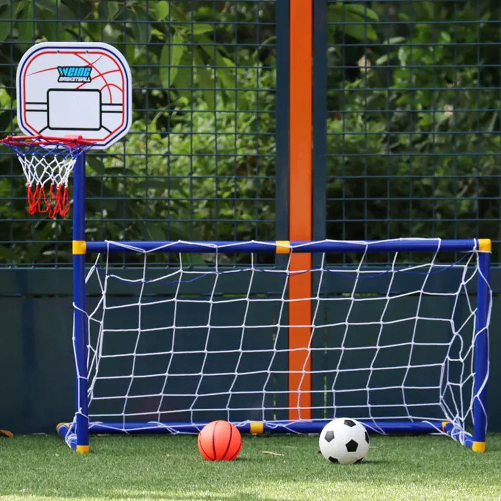 Toddler sports gift: kids' soccer goal with basketball hoop, bright, durable set for active play.