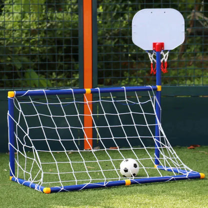Children playing with a red and blue 2-in-1 soccer & basketball set, perfect for outdoor play.