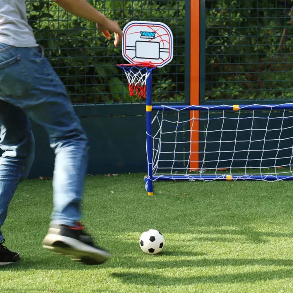 Close-up of a kids' portable basketball hoop and soccer goal, ideal indoor/outdoor sports toy.