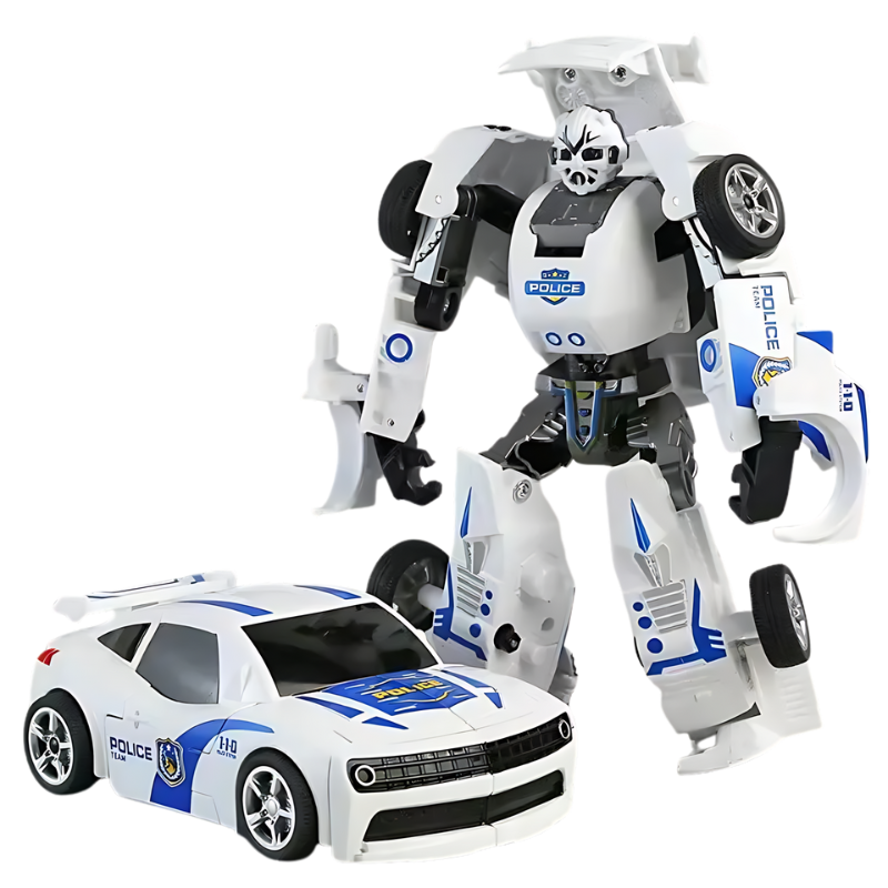 Dynamic shot of a 2-in-1 robot car toy in mid-transformation, exciting kids' action figure.