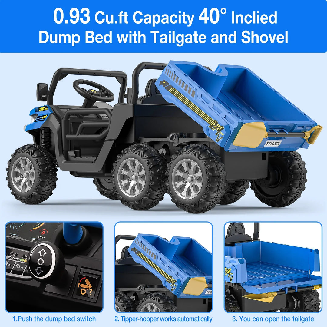 Kids 24V two-seater ride-on truck, blue, driving on grass in a backyard with trees.