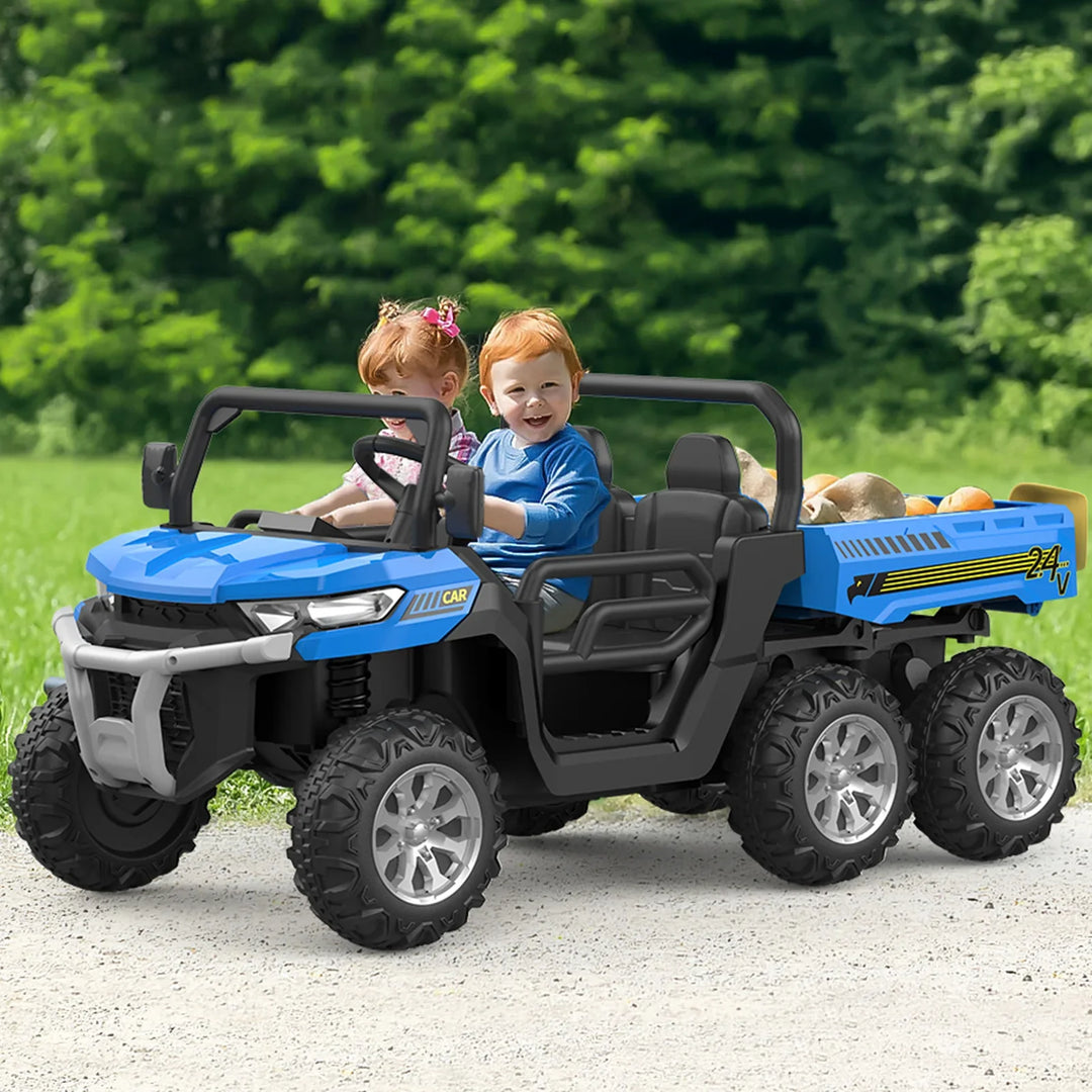 Parent holding remote control for a two-seater kids' ride-on truck, child driving happily.