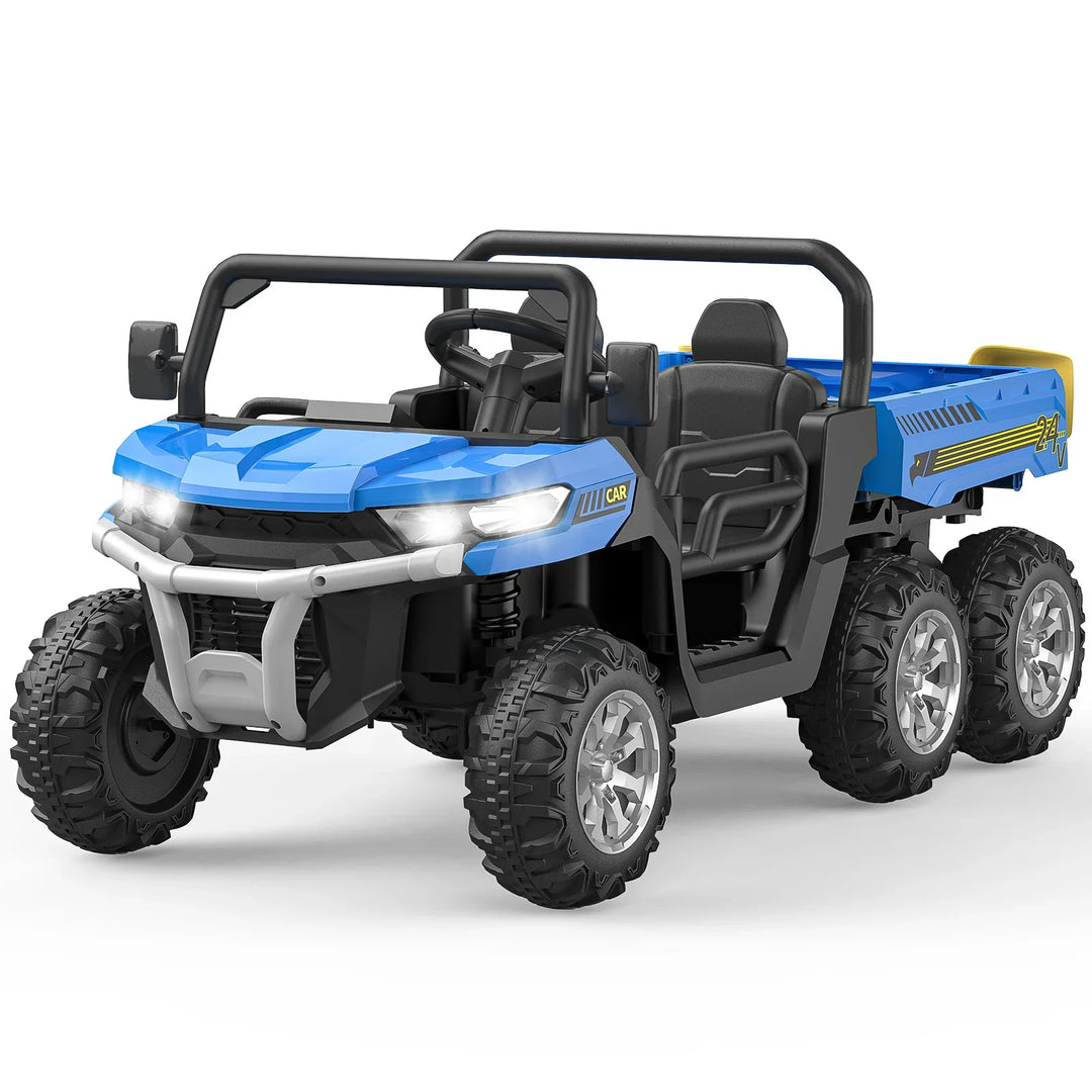 Side view of a yellow 24V ride-on truck, spacious two-seater design for kids' outdoor fun.