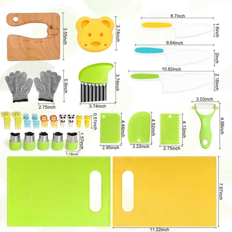 Montessori-inspired kids kitchen set with safe knives, fruit cutters for young chefs.