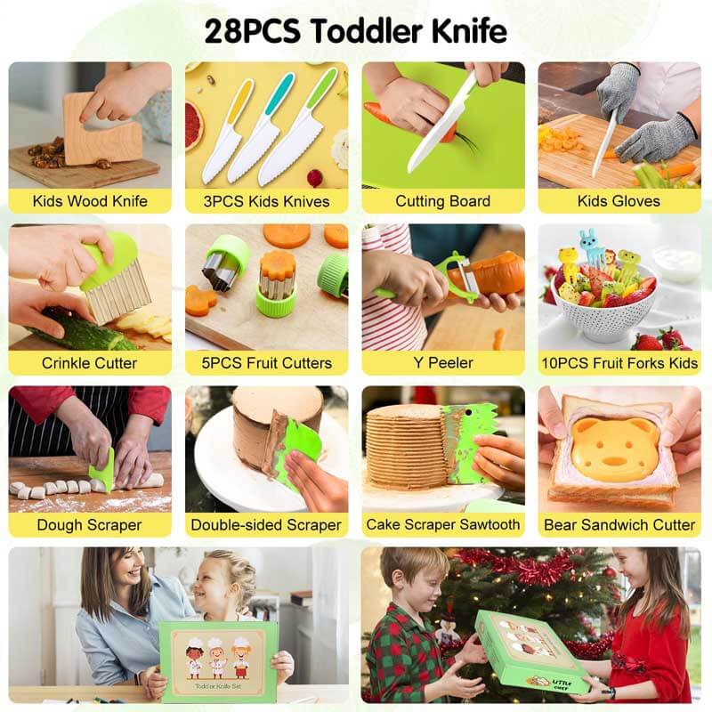 Childrens chef activity toy: 28-piece cooking tools, safe plastic knives for imaginative play.