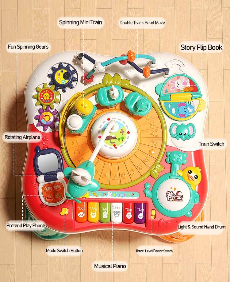 Toddler 3-in-1 activity table featuring building block base, sensory sections & attached musical toys