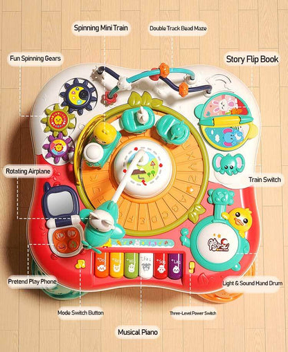 Toddler 3-in-1 activity table featuring building block base, sensory sections & attached musical toys