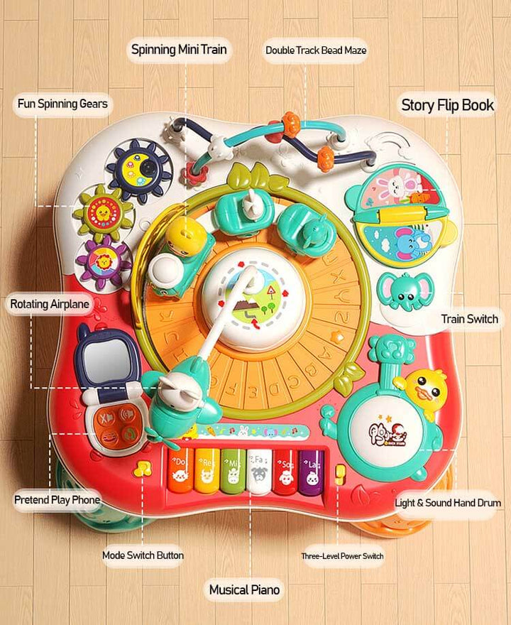 Toddler 3-in-1 activity table featuring building block base, sensory sections & attached musical toys