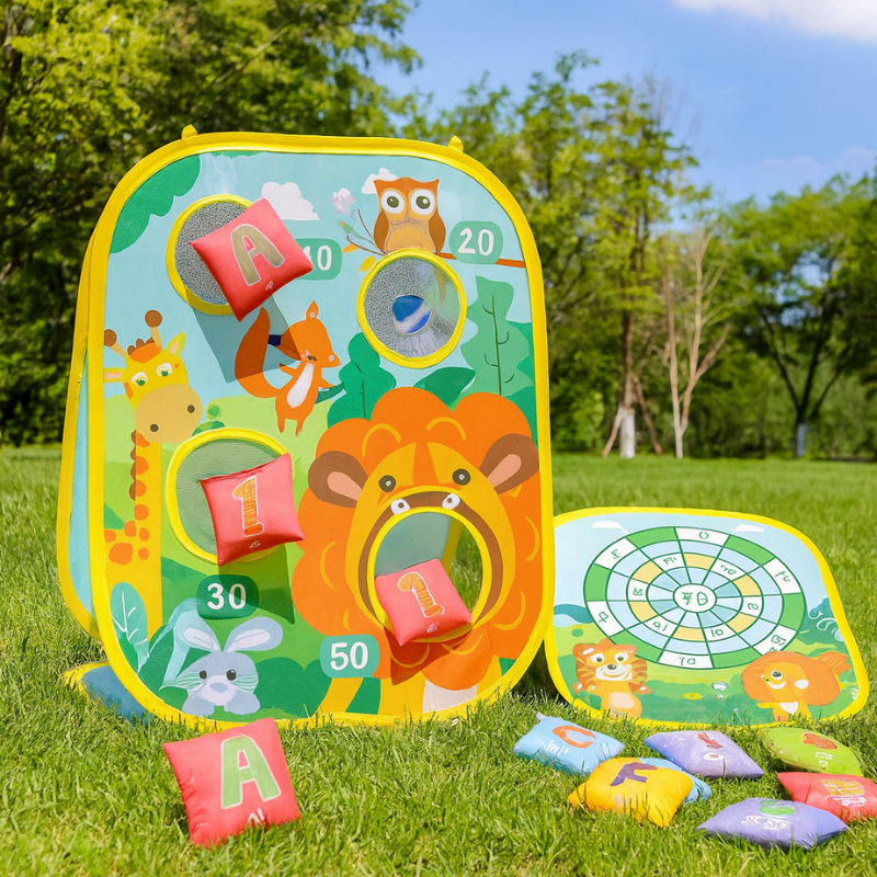 Kids' 3-in-1 bean bag toss game with dartboard & tic tac toe, portable indoor outdoor fun