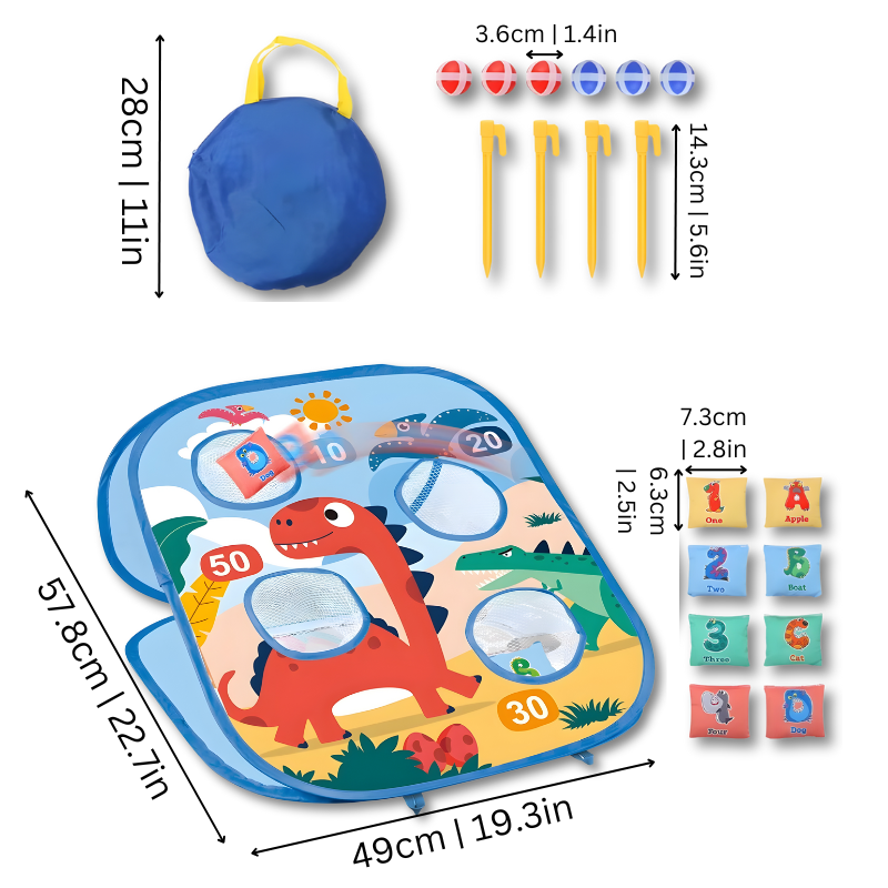 Toddler playing bean bag toss, developing skills with a versatile 3-in-1 children's game