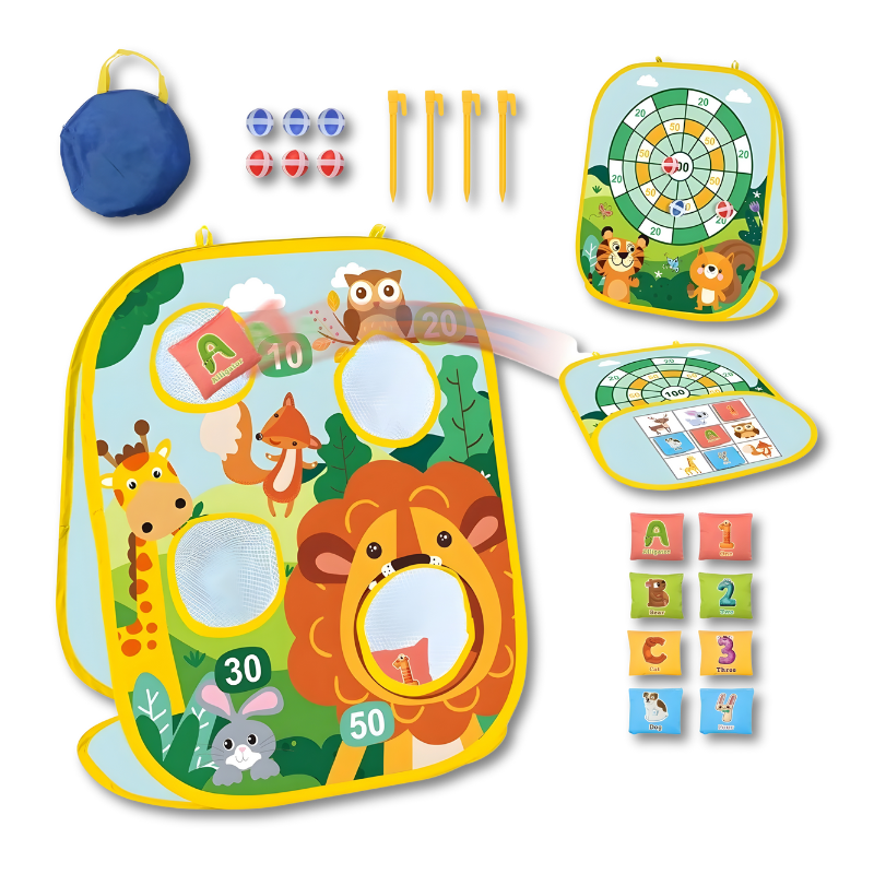 Close-up of children's toy showing bean bag toss target, dartboard & tic tac toe areas