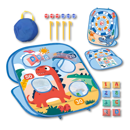 Family enjoying active play with a vibrant, portable 3-in-1 bean bag toss game for kids