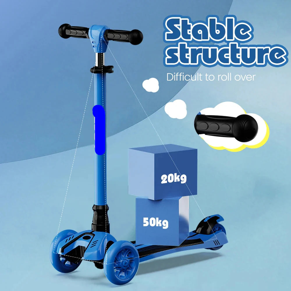 Toddler riding a blue 3-wheel scooter with bright LED light-up wheels, enhancing balance