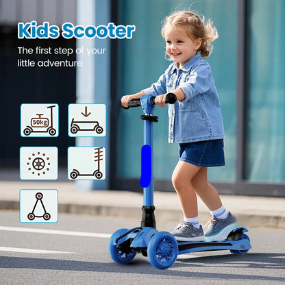 Adjustable kids 3-wheel scooter, blue and black, with LED light-up wheels, foldable for storage