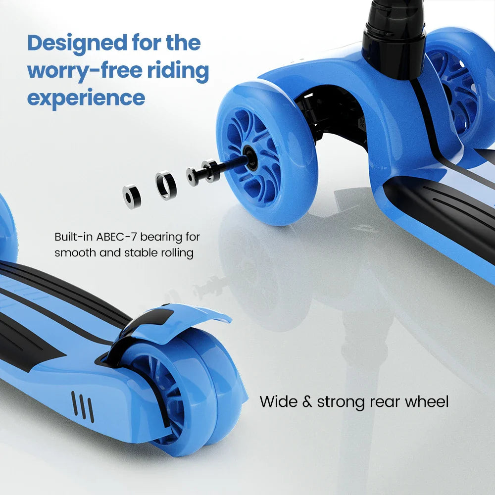 Preschooler happily riding a kids 3-wheel balance scooter with colorful LED glowing wheels