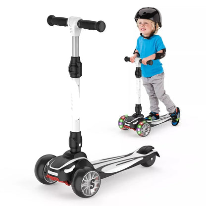 Kids 3-wheel scooter with LED light-up wheels, side view, showing sturdy deck and handle