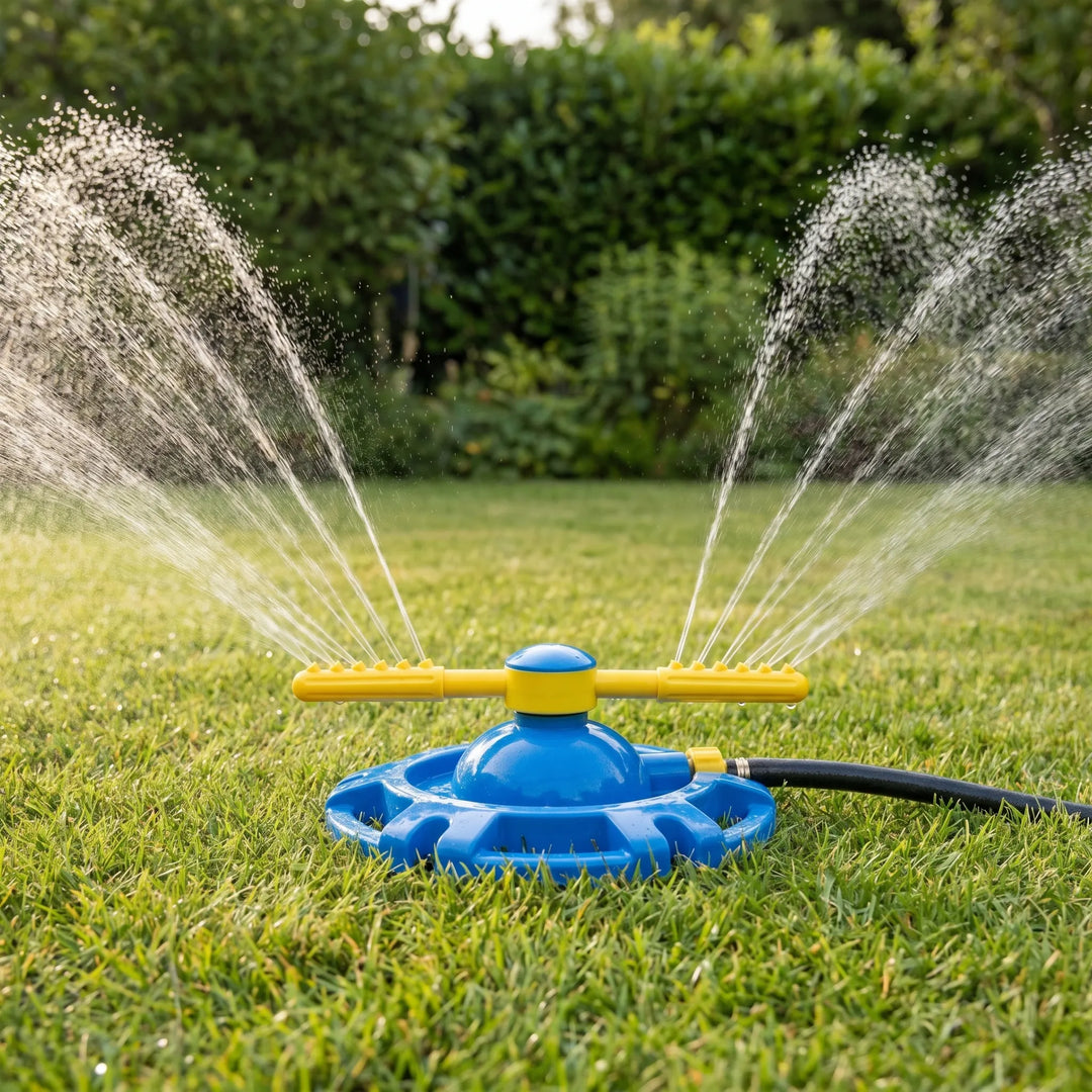 Kids' 360-degree rotating water sprinkler for backyard summer fun & cooling play. Perfect children's outdoor water toy.