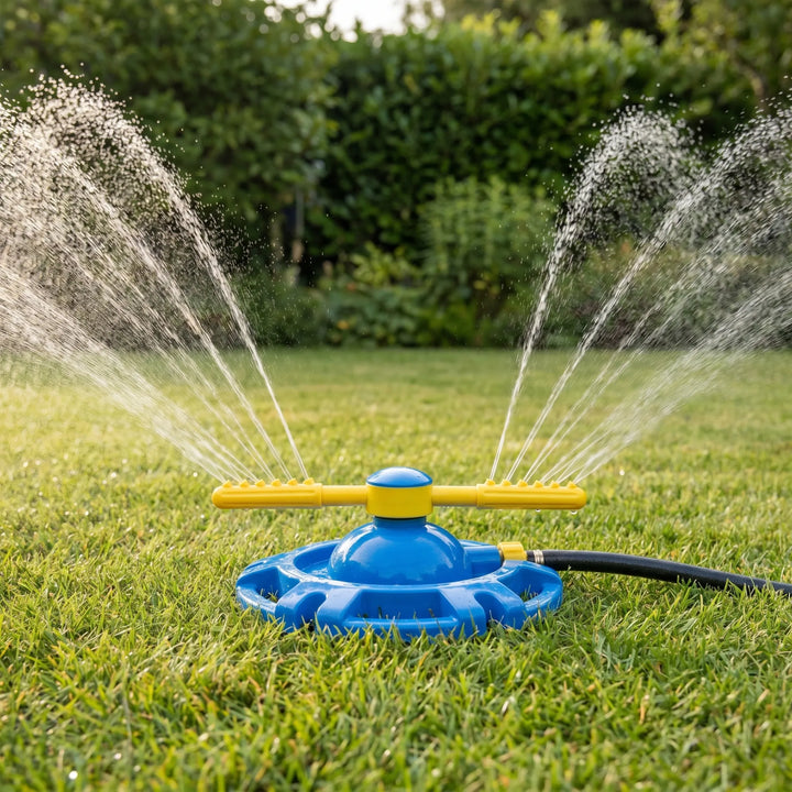 Kids' 360-degree rotating water sprinkler for backyard summer fun & cooling play. Perfect children's outdoor water toy.
