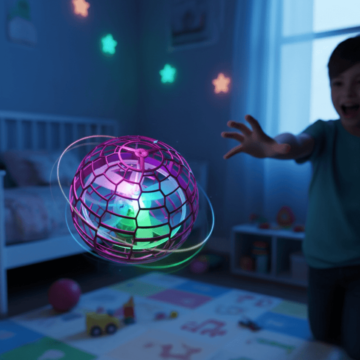 Kids' 360° Flying Orb Toy with dynamic LED lights, perfect for interactive indoor & outdoor play.