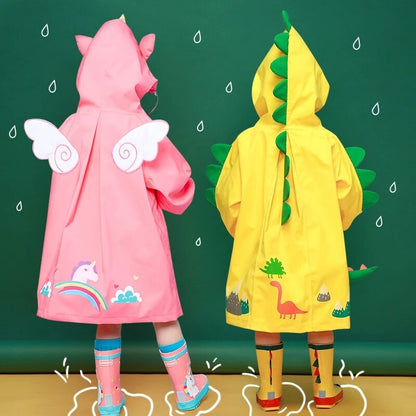 Children's waterproof dinosaur jacket, yellow with reflective strip, perfect for rain & outdoor fun