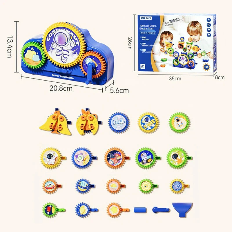 Close-up of children's hands connecting gears in a vibrant electric building play set, enhancing cognitive skills