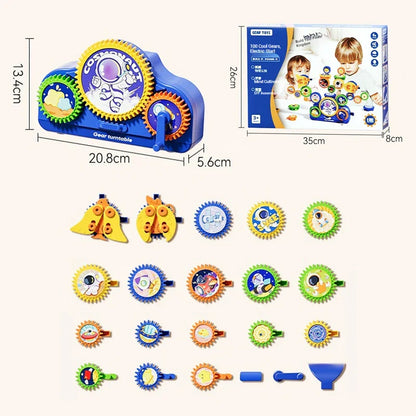 Close-up of children's hands connecting gears in a vibrant electric building play set, enhancing cognitive skills