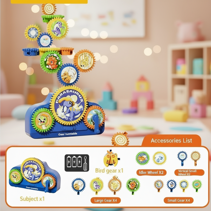 A complete 3D electric gear building set box, highlighting its benefits as a STEM learning and interactive toy