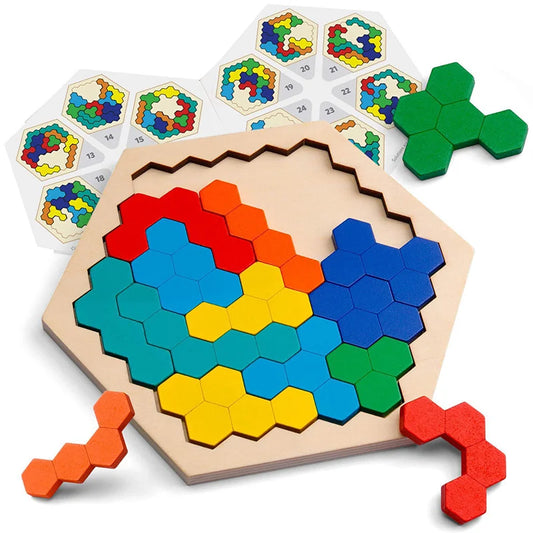 Kids 3D hexagonal wooden puzzle brain teaser game, educational preschool toy