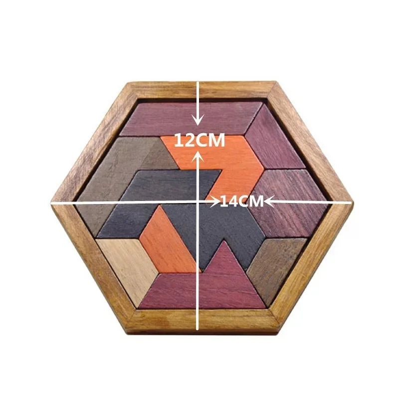 Top-down view of a 3D hexagonal wooden brain teaser game, woodentoys collection
