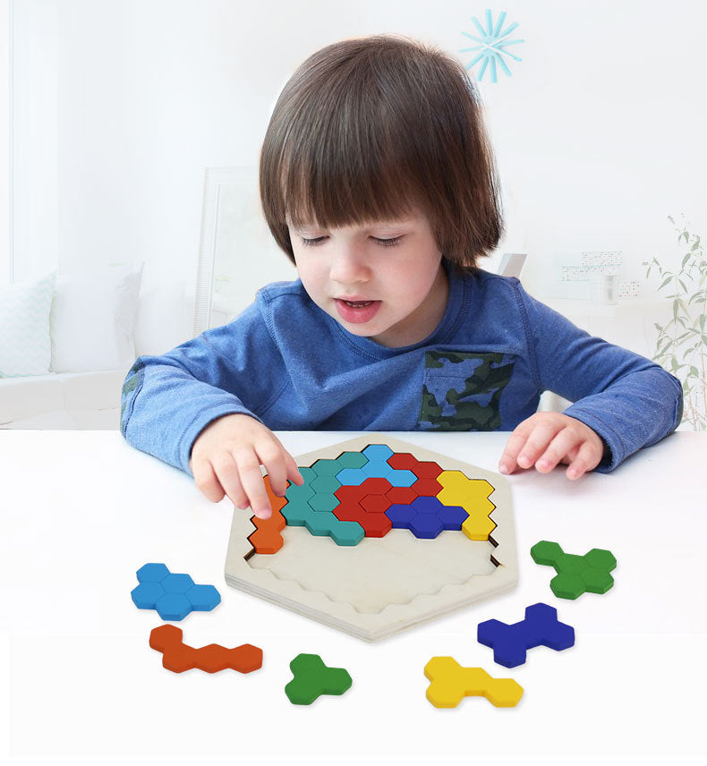 Durable wooden hexagonal puzzle, a classic brain teaser and educational toy for kids