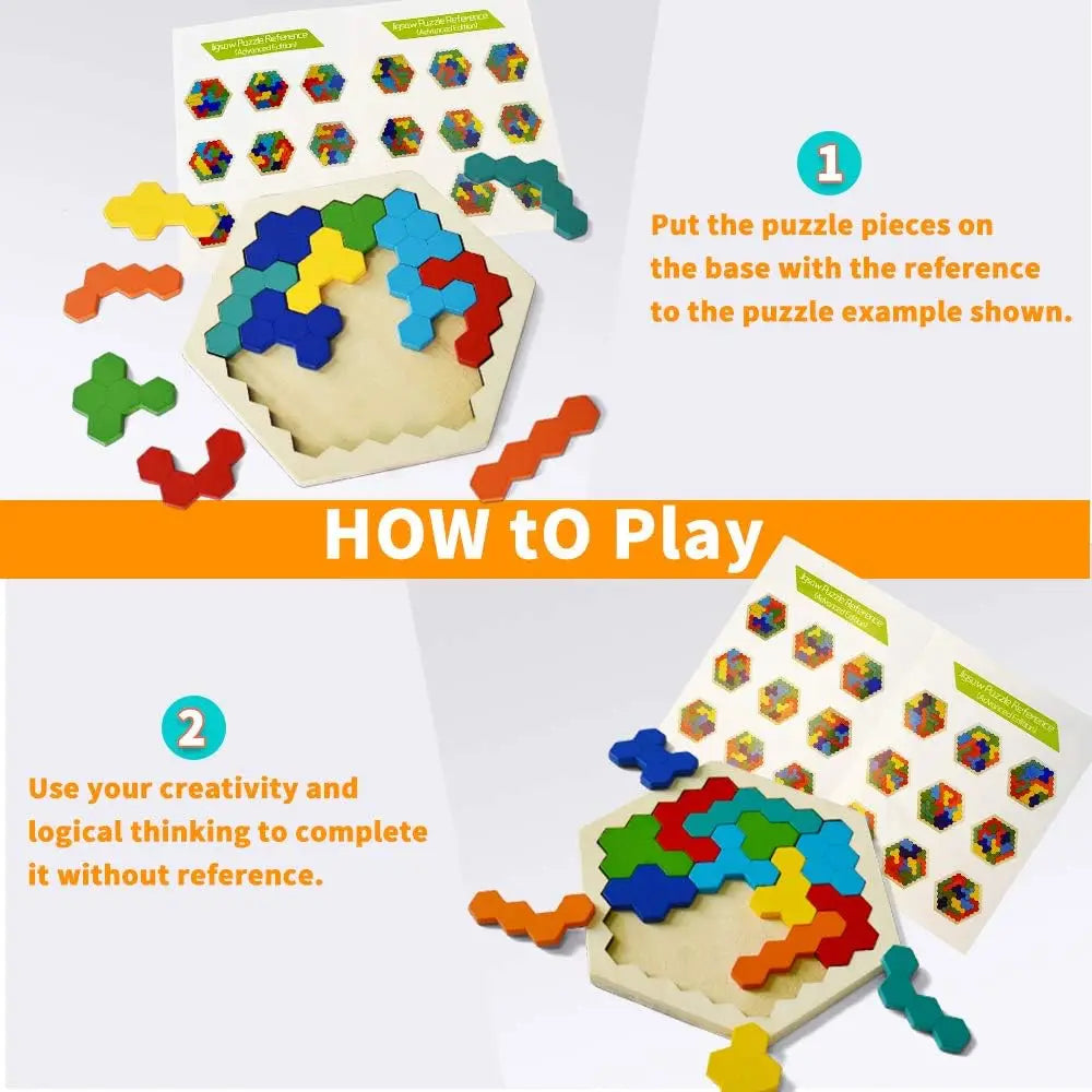Colorful hexagonal wooden puzzle pieces, educational toy for toddlers
