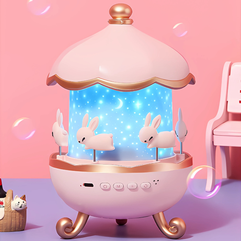 Kids' 3D night light projector displaying stars, helping with sleep, imagination, and development, portable Bluetooth.