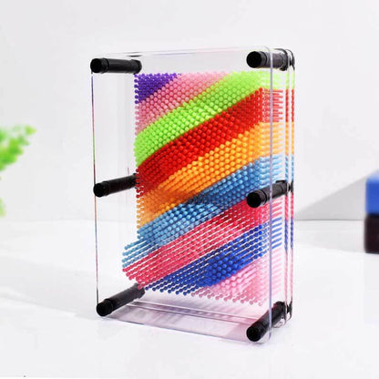 A transparent 3D Pin Art Board capturing a detailed finger impression, an active and educational toy.