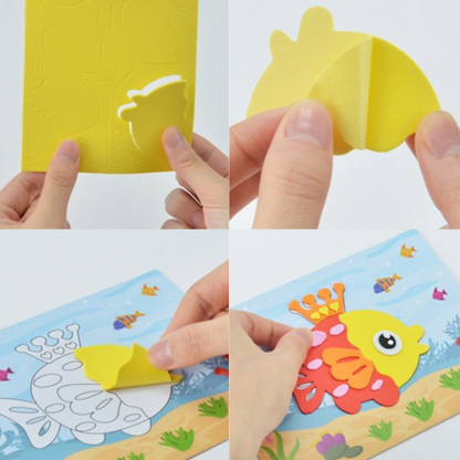 Toddler creating a vibrant 3D dinosaur sticker puzzle, an educational toy for children's craft.