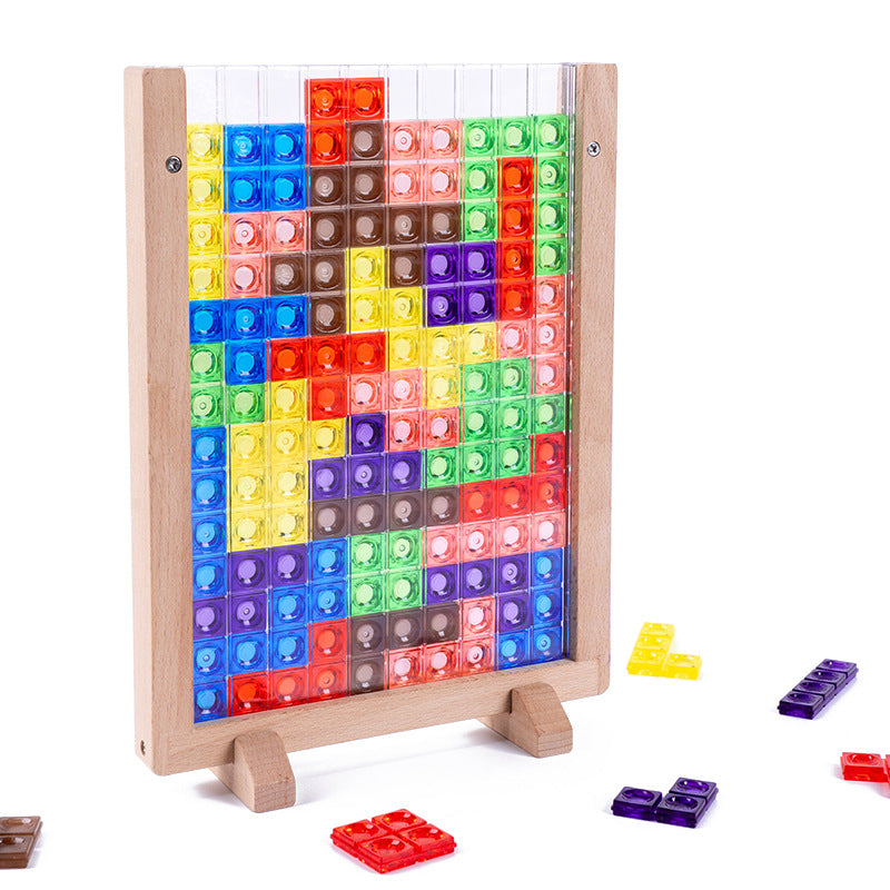 Close-up of wooden Tetris puzzle pieces, a durable and educational toy for kids