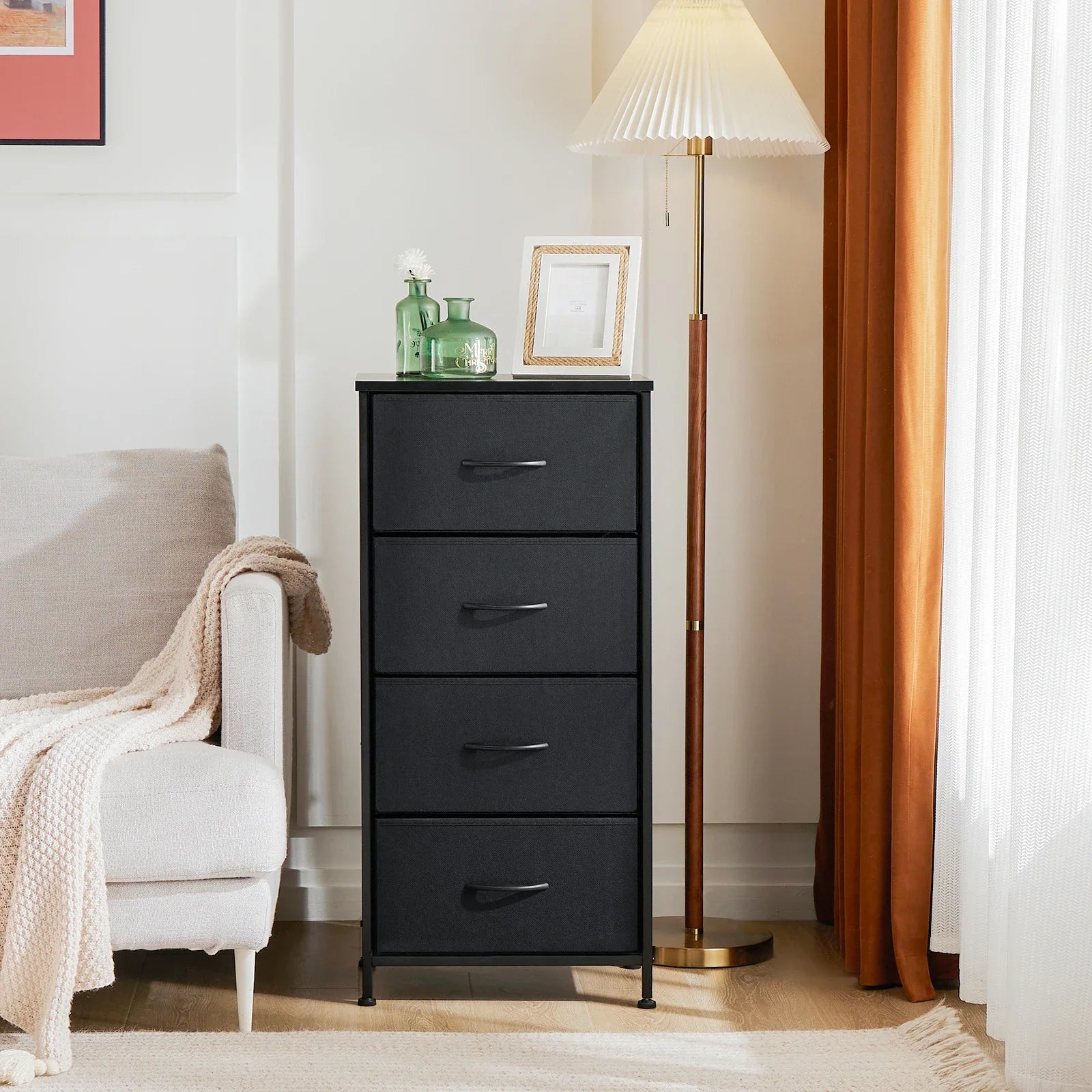 Kids 4-drawer fabric dresser, nursery storage, steel frame, soft bins, easy assembly