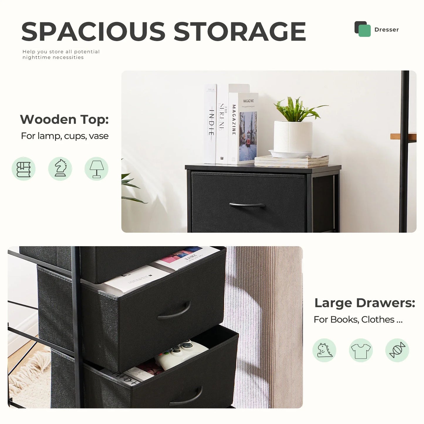 Nursery storage dresser with four soft fabric bins, ideal for baby accessories, easy assembly