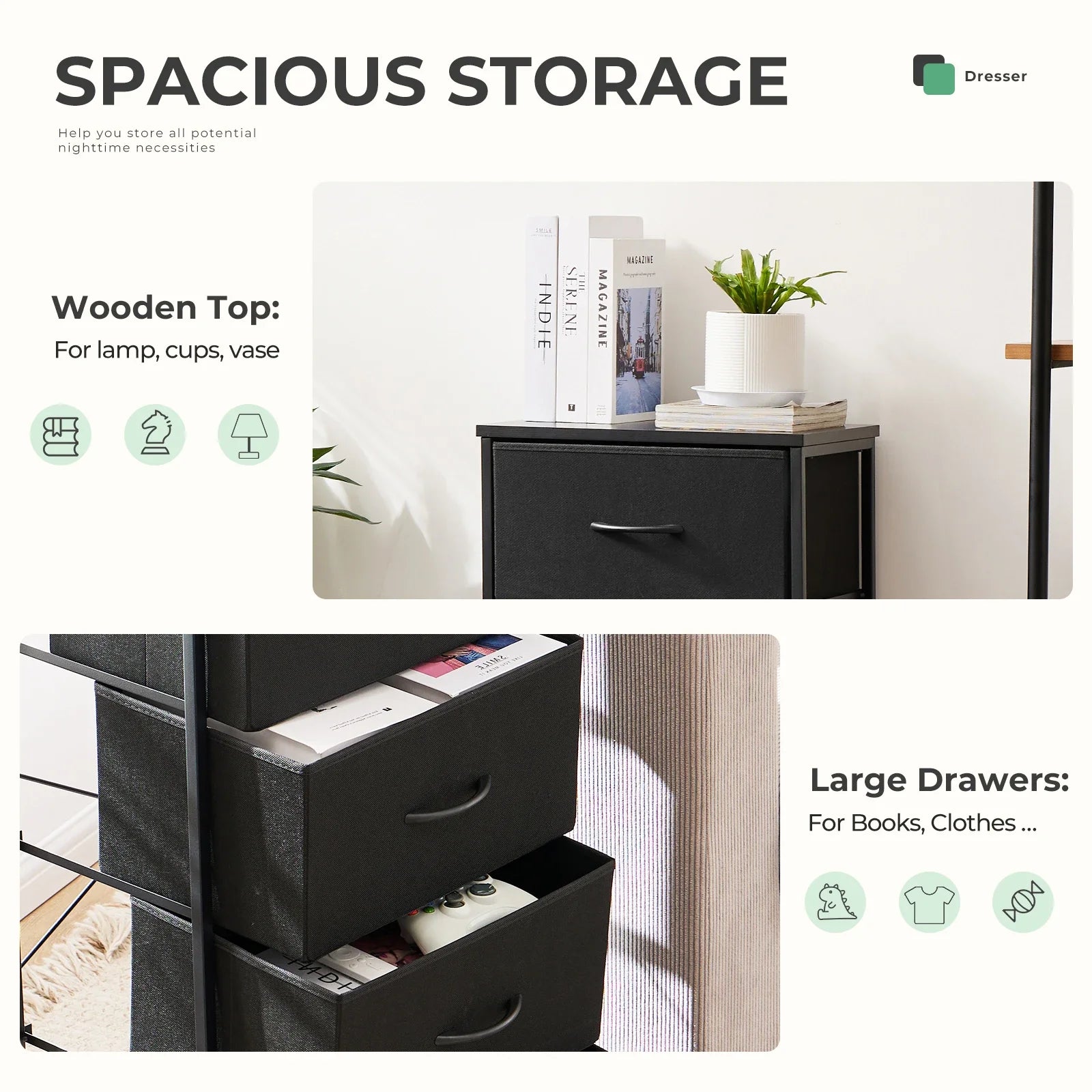 Nursery storage dresser with four soft fabric bins, ideal for baby accessories, easy assembly