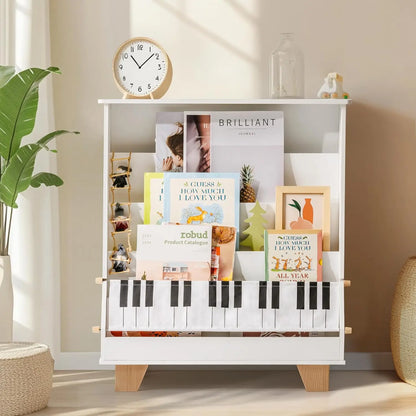 Childrens 4-tier wooden bookcase with storage bins, a practical and stylish addition to playroom furniture