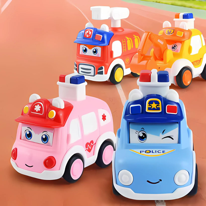 Kids' 5-piece emergency vehicle push-and-go toy set with friction power for toddlers, educational play.