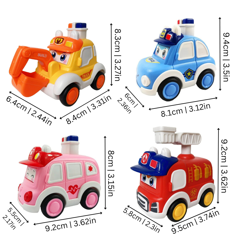 Colorful push-and-go emergency vehicle toy set for kids, includes ambulance, police car, fire engine.