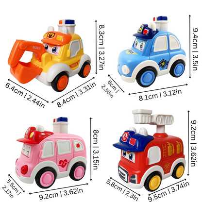 Colorful push-and-go emergency vehicle toy set for kids, includes ambulance, police car, fire engine.