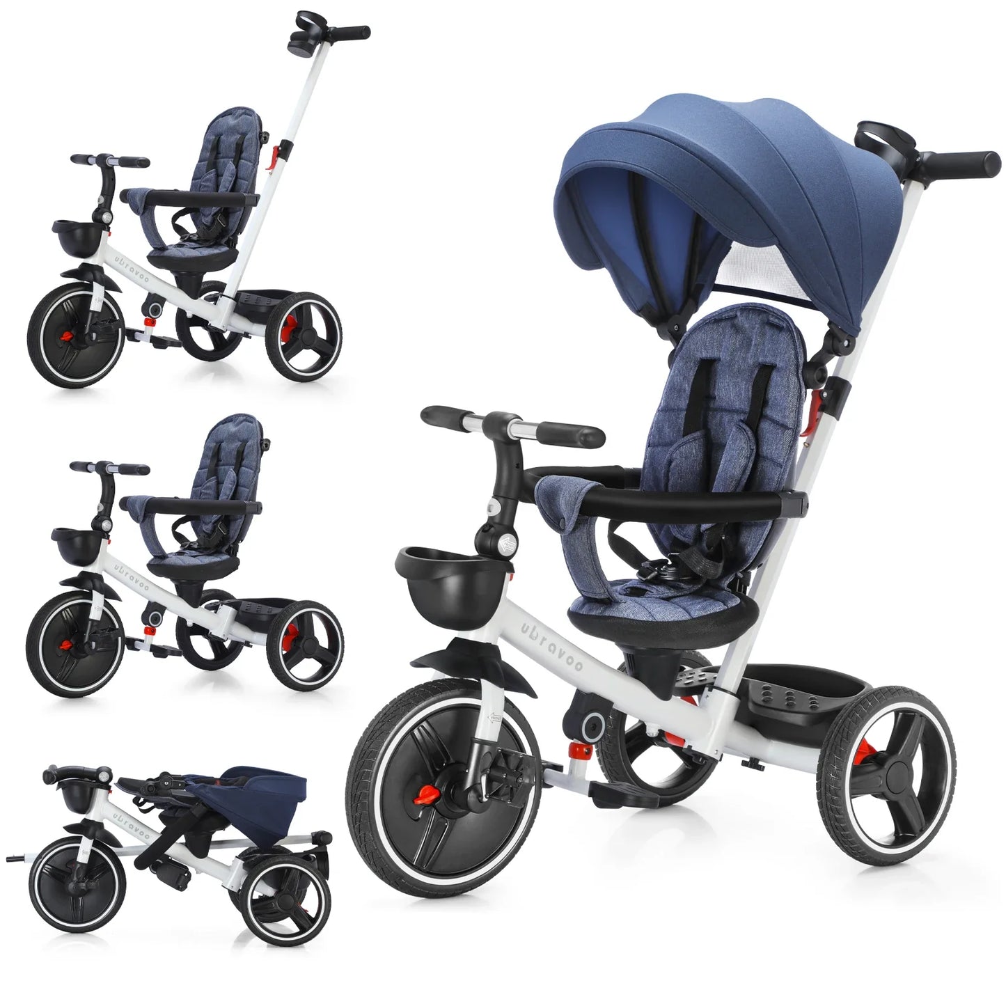 Kids 6-in-1 foldable baby tricycle with parent handle, canopy & safety harness for toddlers