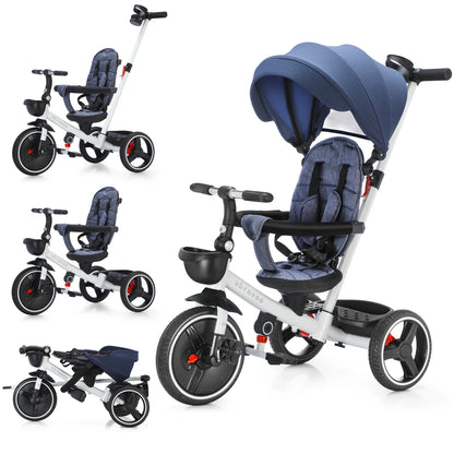 Kids 6-in-1 foldable baby tricycle with parent handle, canopy & safety harness for toddlers