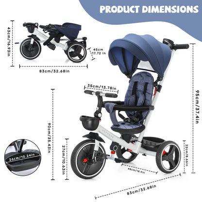 Toddler ride-on folding trike with removable canopy and steerable parent push handle