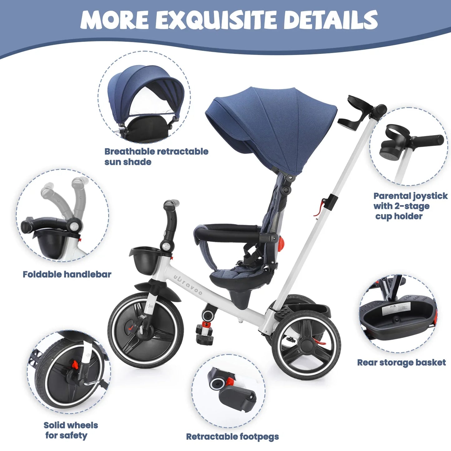 Orange foldable baby tricycle for outdoor play, featuring parent handle and protective canopy