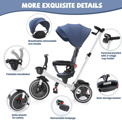 Orange foldable baby tricycle for outdoor play, featuring parent handle and protective canopy